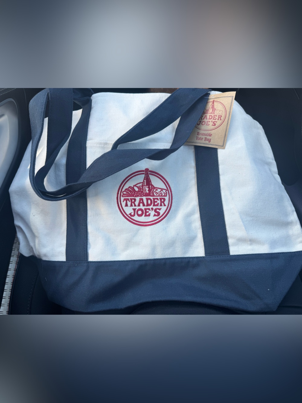 Trader Joe's Navy & White Canvas Tote Bag with Red Logo
